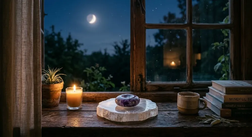 Amethyst worry stone resting on a selenite charging plate on a  wooden windowsill under a crescent moon for cleansing